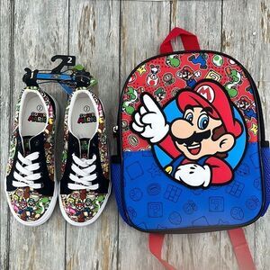 Super Mario Bros 11'' Mini Backpack & Little Boys Lace Up Low Top Shoes Size 2